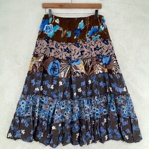 VTG Stonebridge Signature Floral Tiered Maxi Skirt Blue Brown Rayon Petite M